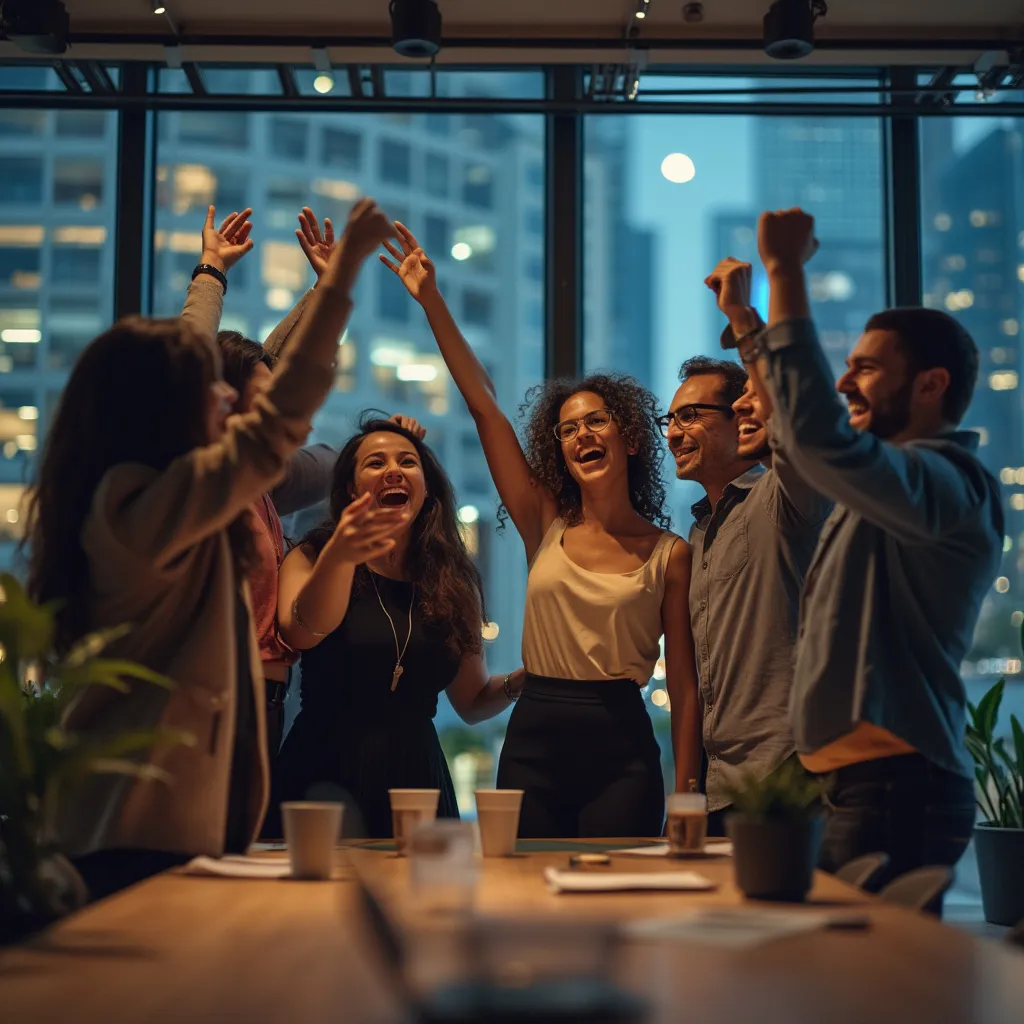 Equipo celebrando éxito de proyecto